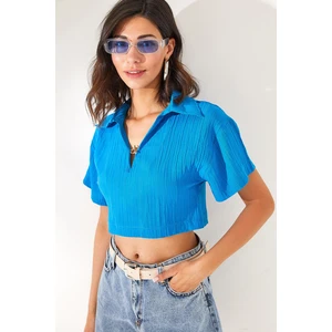 Olalook Women's Blue Polo Collar Accessorized Crop Blouse