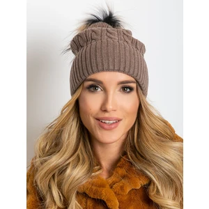 Cap with a braid weave and a fur pompom, dark beige