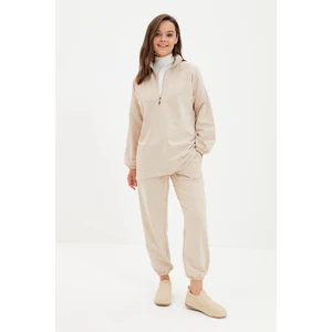 Trendyol Beige Zippered Stand Up Collar Knitted Both Smoked Tracksuit Set