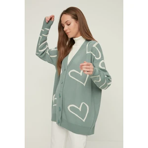 Trendyol Mint V Neck Heart Patterned Knitwear Cardigan