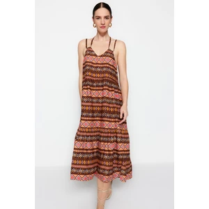 Trendyol Brown Straight Cut Midi Woven Ethnic Print Dress with Back Detail