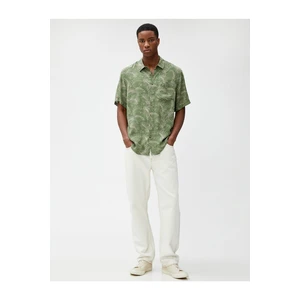 Koton Short Sleeve Shirt with Botanical Print, Pocket Detailed Classic Collar.