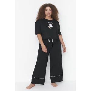 Trendyol Curve Black Printed Wide Cut Knitted Pajamas Set