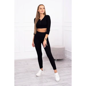 Žebrovaný crop top set v černé barvě