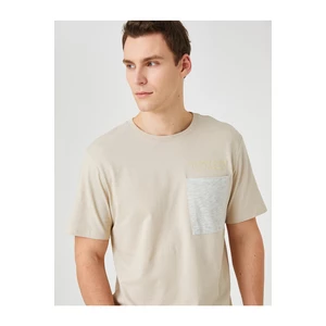 Koton Embroidered Motto T-shirt with Pocket Detailed Crew Neck.