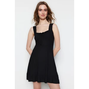 Trendyol Black Square Neck Ruffle A-Line Mini Knitted Dress