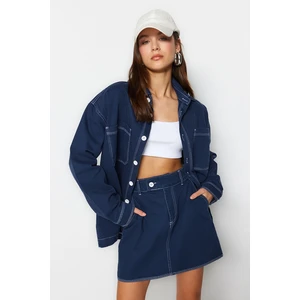 Trendyol Navy Blue Denim Shirt Jacket with Contrast Stitching