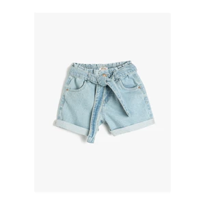 Koton Denim Shorts with Belt Detail Pocket, Cotton Cotton with Elastic Waist.