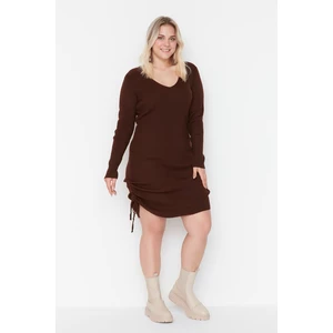 Trendyol Curve Brown Sweater Dress with Pleated Sides