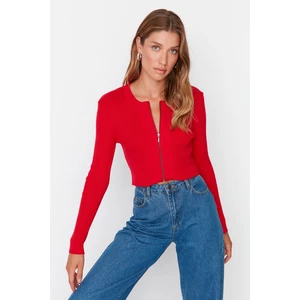 Trendyol Red Crop Zipper 100% Cotton Basic Knitwear Cardigan