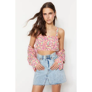 Trendyol Pink Fitted Crop Woven Floral Print Blouse