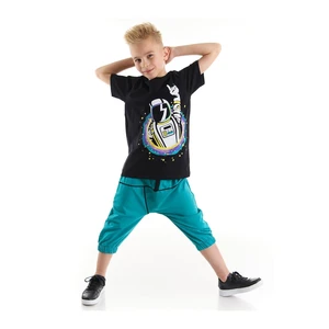 Mushi Astro Cotton Boys Black T-shirts Turquoise Capri Shorts Set