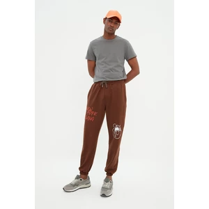 Trendyol Brown Men's Oversize Fit Elastic Leg Printed Sweatpants
