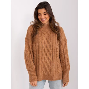 Camel sweater with cables and cuffs