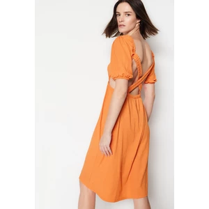 Trendyol Orange Knitted Crepe Midi Dress With Neckline