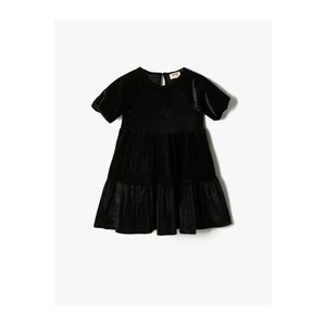 Koton Velvet Silvery Dress With Short Balloon Sleeves Tiered Round Neck