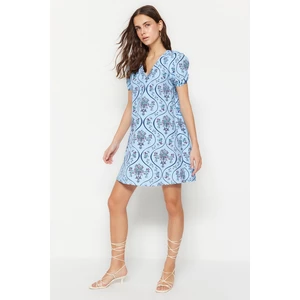 Trendyol Blue Wide-Cut Woven Floral Print Mini Dress