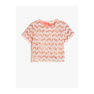 Koton Tulle Shirt With Sequins Embroidered Short Sleeves Round Neck.