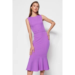 Trendyol Purple, V-Ring Midi Dress with a Belt and Fitted Body