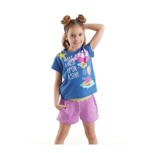 Mushi Dilek Dille Girl Child's Navy Blue T-shirt with Lilac Shorts Summer Suit.