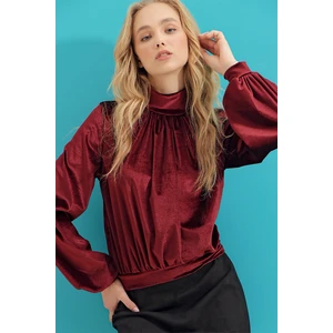 Trend Alaçatı Stili Women's Burgundy Stand Up Collar Smocking Front Corduroy Blouse