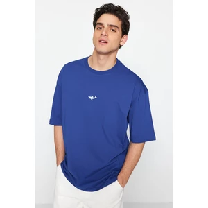 Trendyol Navy Blue Men's Oversize/Wide Cut Crew Neck Short Sleeve Shark Embroidered T-Shirt