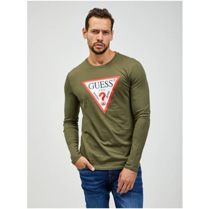Khaki pánské tričko s dlouhým rukávem Guess - Pánské