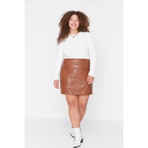Trendyol Curve Brown Slit Detailed Faux Leather Skirt