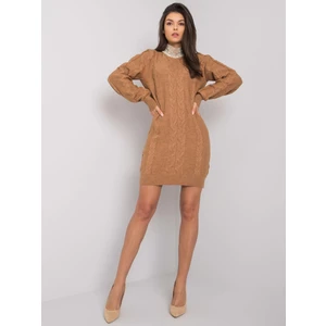 RUE PARIS Camel knitted dress with pearls