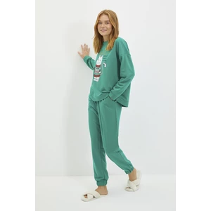 Trendyol Green Christmas Themed Knitted Pajamas Set
