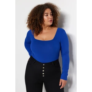 Trendyol Curve Blue Square Collar Additional Features Not Available, Single Jersey Plus Size Bodycon.