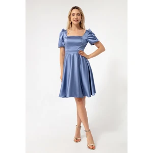 Lafaba Women's Indigo Balloon Sleeves Flare Cut Midi Satin Evening Dress.