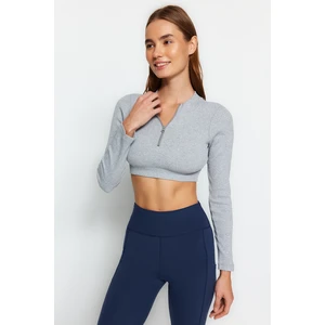 Trendyol Gray Melange Ribbed and Zipper Detailed Yoga Crop Knitted Sports Top/Blouse