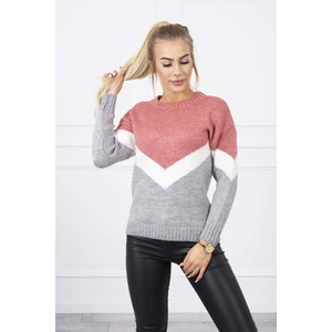 Sweater with geometric patterns dark pink+gray