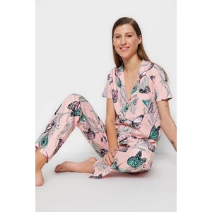 Trendyol Pink Butterfly Patterned Cotton Shirt-Pants and Knitted Pajamas Set