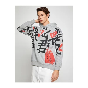Koton Basic Hooded Oversize Sweatshirt Raised Far East Printed
