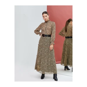 Koton Leopard Patterned Shirt Chiffon Long Sleeves Frilled Standing Collar