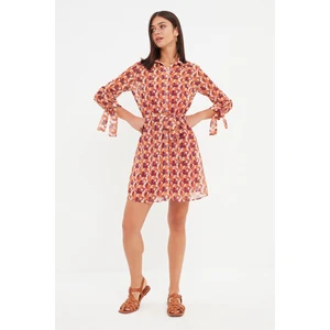 Trendyol Brown Belted Patterned Shirt Dress