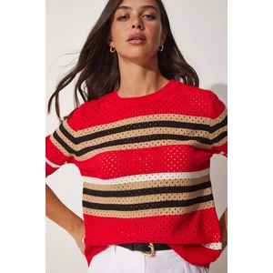 Happiness İstanbul Women's Red Striped Openwork Summer Knitwear Blouse