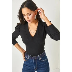 Olalook Women's Black Princess Sleeve V-Neck Textured Blouse