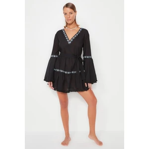 Trendyol Black Belted Mini Weave and Ruffled 100% Cotton Beach Dress