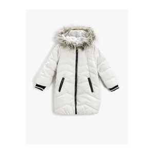 Koton Inflatable Long Coat Faux Fur Detailed Hooded, Zippered with Pocket.