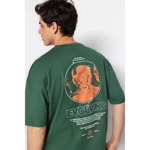 Trendyol Green Men's Oversize/Wide Cut Crew Neck Short Sleeve Text Printed 100% Cotton T-Shirt.