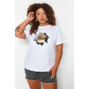Trendyol Curve White Knitted Crew Neck Printed T-Shirt