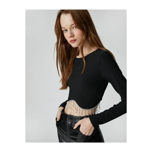 Koton Long Sleeved T-shirt Crop Loose Stone Detailed Crew Neck.