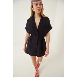 Happiness İstanbul Women's Black Linen Viscose Jumpsuit with Shorts TO0009