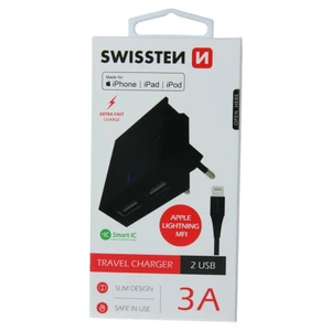 SWISSTEN SÍŤOVÝ ADAPTÉR SMART IC 2x USB 3A POWER + DATOVÝ KABEL USB / LIGHTNING MFi 1,2 M, ČERNÁ