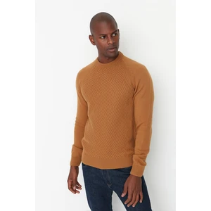 Trendyol Camel Men Slim Fit Raglan Sleeve Textured Crew Neck Knitwear Sweater