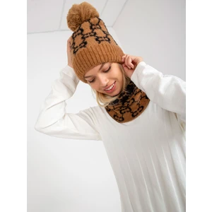 Lady's camel and black winter cap with pompom