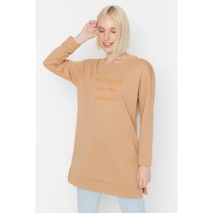 Trendyol Light Brown Printed Oversized Knitted Sweatshirt with a Soft Pile Interio